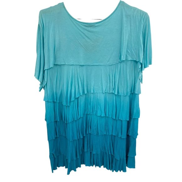 Oso Casuals 3X Turquoise Blue Rayon Ruffle Tiered Layer Short Sleeve Top Tunic - Picture 3 of 7